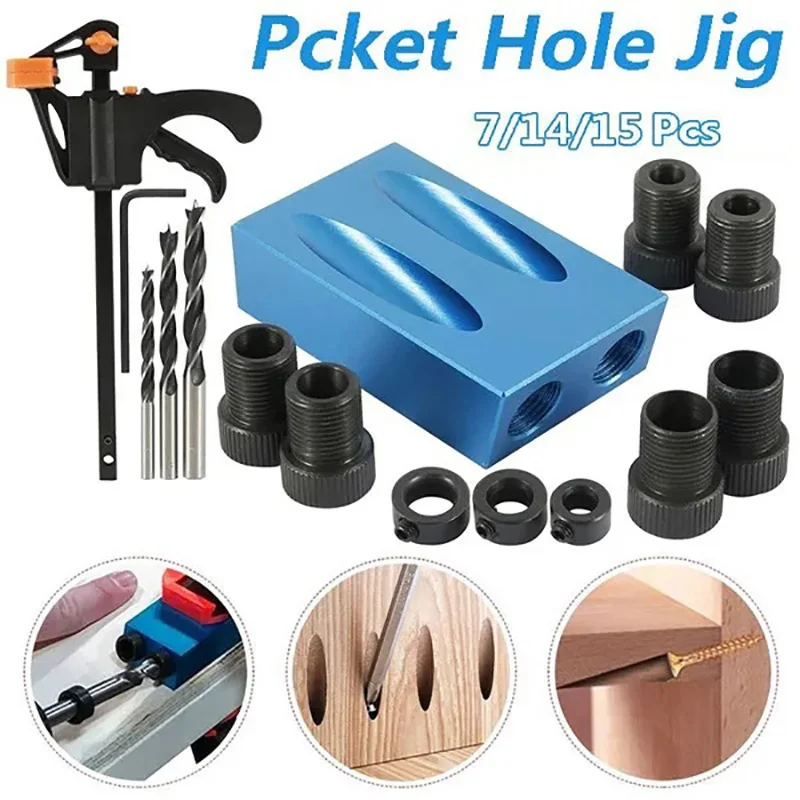 7/14/15 Pcs Pocket Hole Jig Woodworking Hole Jig Set Angle Drilling Locator 15 Degree Pocket Hole Saw for 6/8/10mm Woodworking