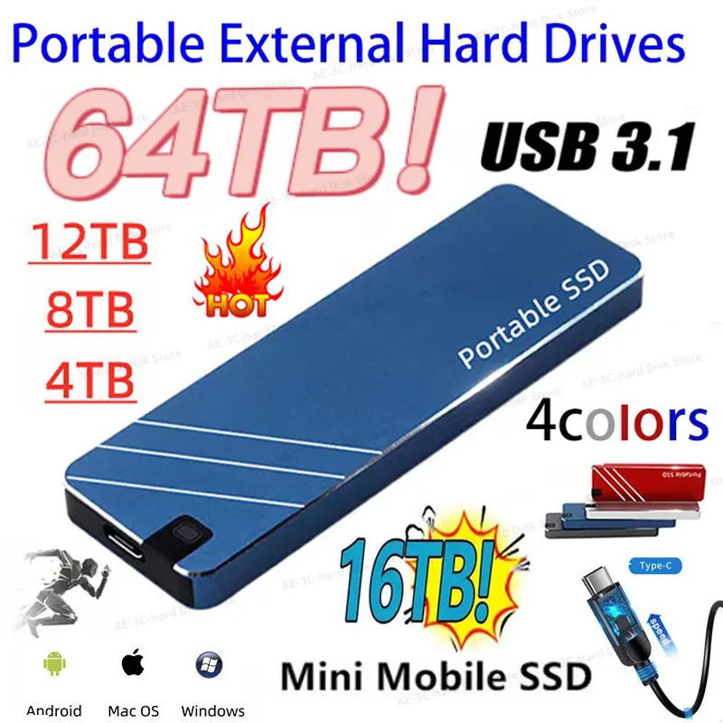 

2023 Mini Portable SSD 128TB Type-C/USB3.1 External Mobile Solid State Drive High Speed 16TB 8TB Hard Drive Laptop Hard Drive