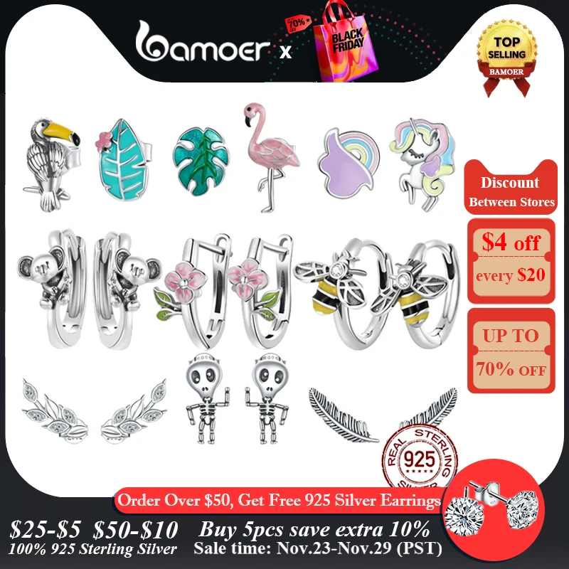 

Bamoer 925 Sterling Silver Earrings Collection Bee Ear Buckles Flamingo Asymmetrical Earrings for Women Fine Jewelry Party Gift