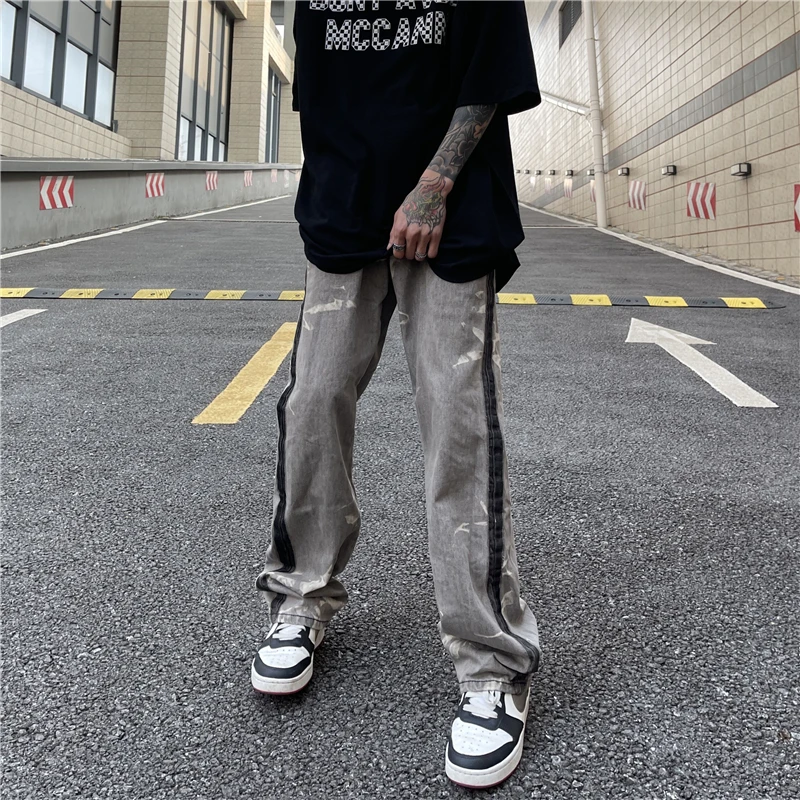 

Tie Dye Washed Retro Distressed Spliced Mens Jeans Streetwear Straight Oversized Baggy Denim Trousers Harajuku Casual Jean Pants
