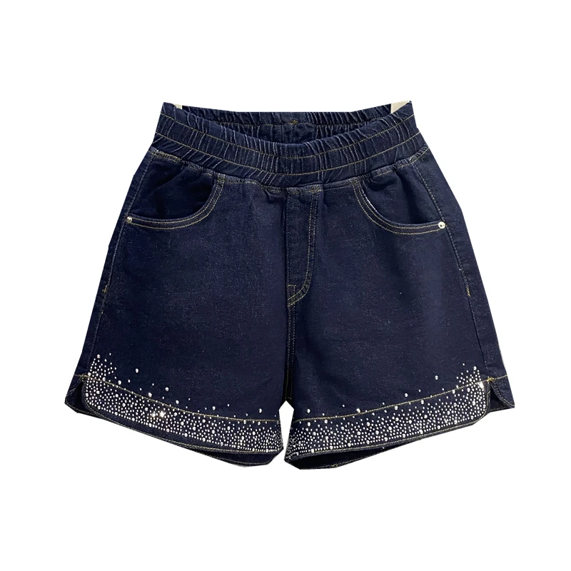 Vintage Dark Blue Trousers Hot Rhinestone Split Elastic Waist Wide-Leg A- Line Shorts Fashionable Loose Slimming Denim Hot Pants