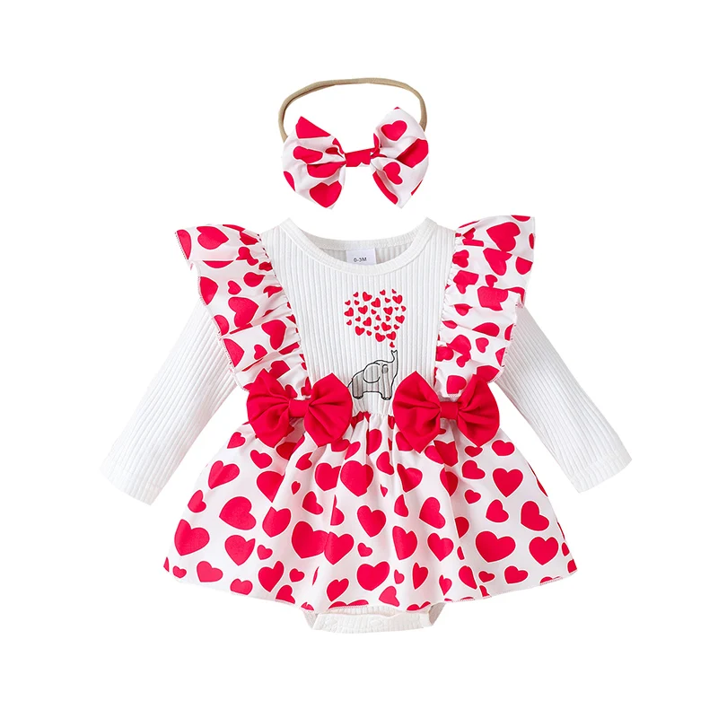

Infant Baby Girl Valentine s Day Bodysuit Outfit Ruffled Sleeve Elephant Heart Love Printed Romper Dress Headband