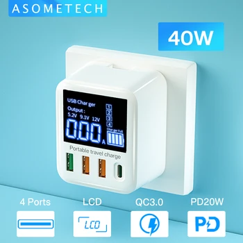 ASOMETECH-cargador de pared USB de 40W, dispositivo de carga rápida con 4 puertos y pantalla LED, QC3.0, PD3.0, para iPhone, iPAD, Huawei, Xiaomi y Samsung 1