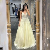 sumnus light yellow tulle evening dresses sequins beading deep v neck luxury dubai prom dress spaghetti straps a line gowns