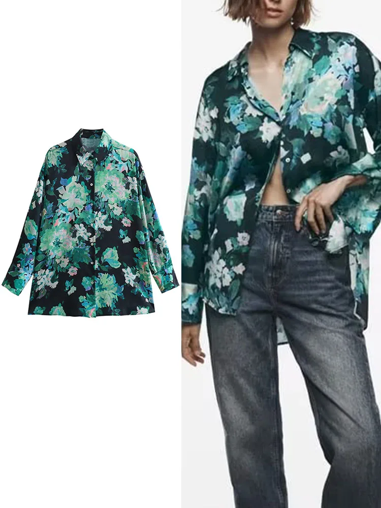 

TRAF Summer Women Floral Printed Blouse 2023 Fashion Female Turn Down Collar Single-Breasted Long Sleeve Casual Shirt Tops