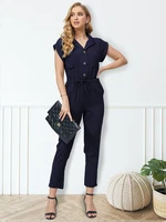 giolshon summer women jumpsuits outfits short sleeve casual drawstring belt elegant button down one piece long pant rompers
