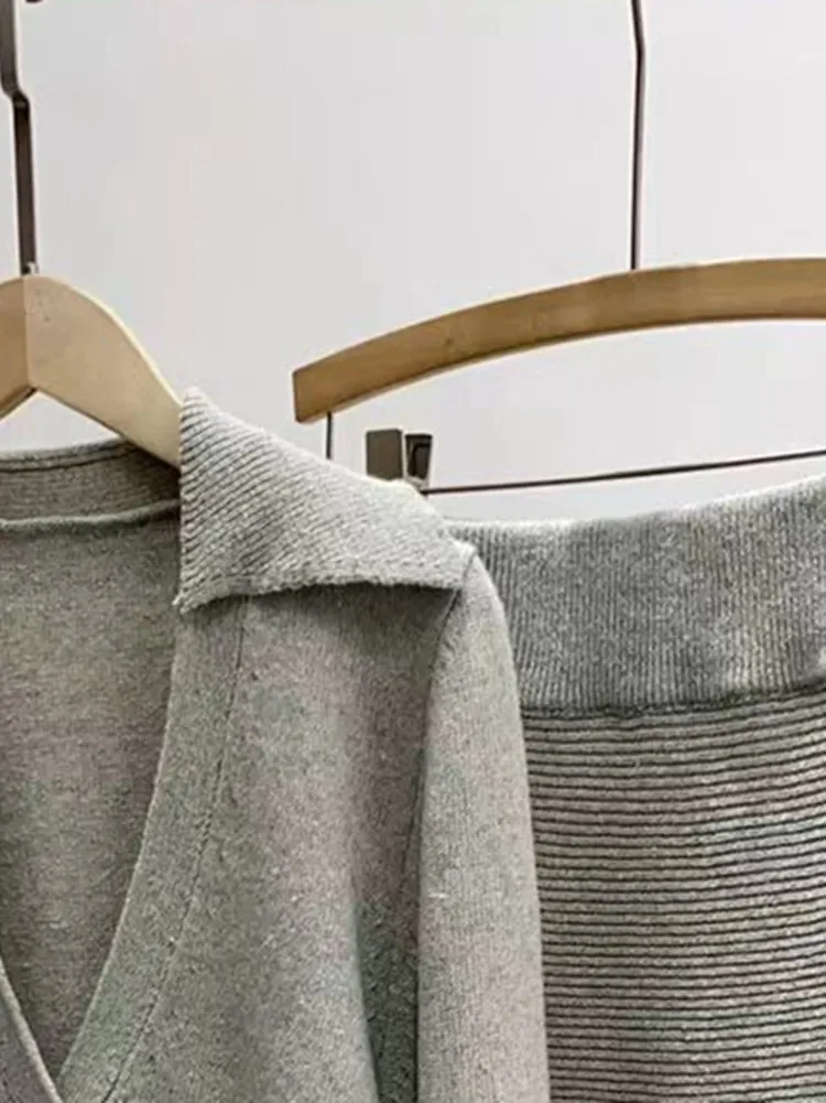 

Female Autumn Winter Knitted Set Women Knit Long Flared Sleeve V-Neck Sweater Pullover or Elaist Waist Stretch Midi Skirt