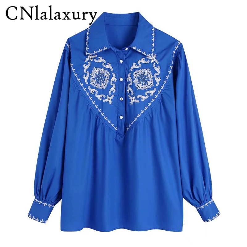 

CNlalaxury 2022 Women Vintage Blue Embroidery Smock Blouse Office Ladies Business Casual Shirt Chic Loose Blusas Tops