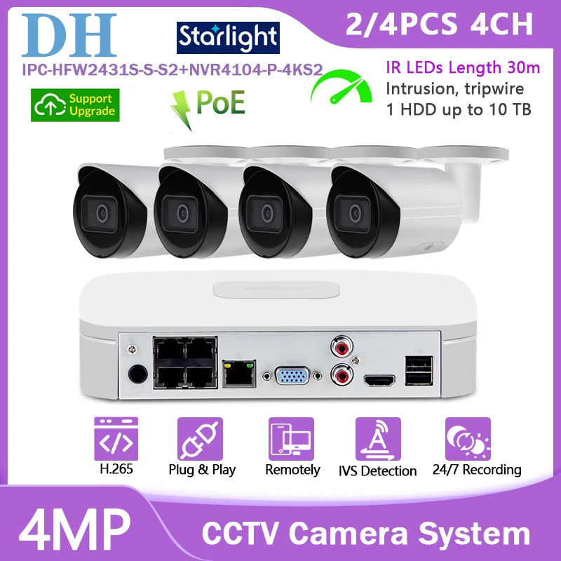 

DH Monitoring Systems 4MP IP Webcam IPC-HFW2431S-S-S2 NVR4104-P-4KS2/L 4CH Outdoor NVR PoE CCTV Camera Security Kit for Home