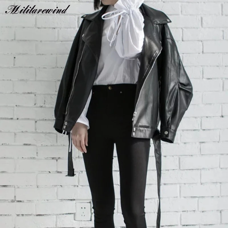 

BF Style Black Leather Jacket Femme Coat PU Faux Leather Jacket Women Loose Sashes Casual Biker Jackets Outwear Female Tops