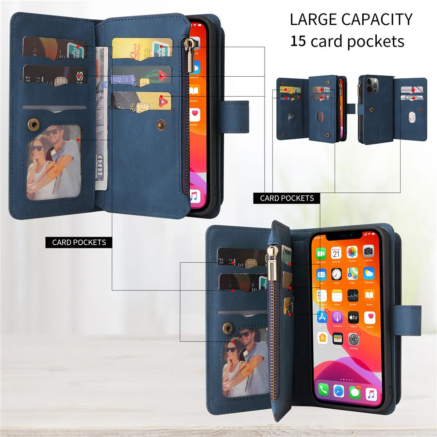 For Oneplus 10T Flip Case Luxury Multi 15-Card Slot Leather Cover One Plus Ace Pro Zipper Wallet Case OnePlus 10T 10 T 9 Pro