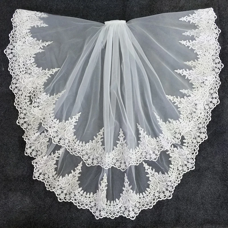 

2 Layers Wedding Veils With Comb Short Bridal Veil Elbow Length Applique Lace Edge High Quality حجاب نسائي شحن مجاني