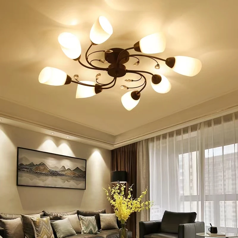 

White Glass Shade Flower Crystal Ceiling Lights lamp Fixture E27 Bulb Black Iron Ceiling lamp Modern Living Room Bedroom light
