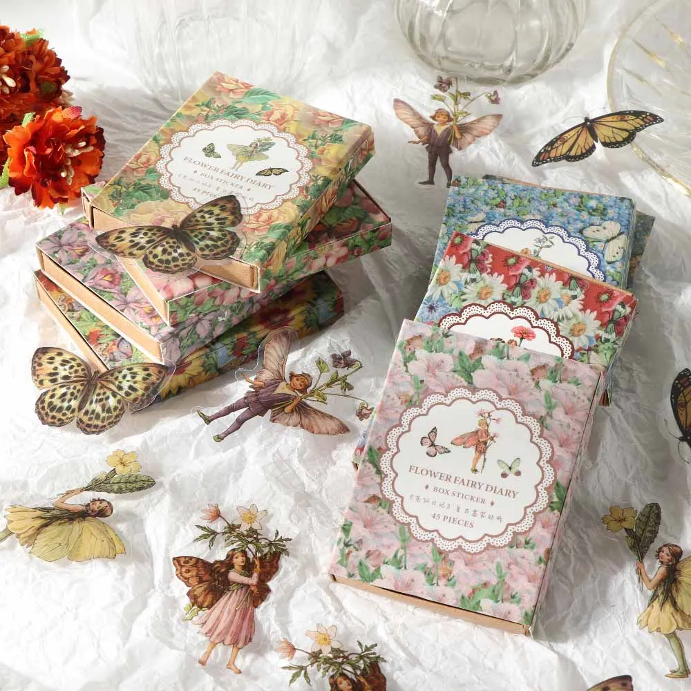 

40/45pcs/box Fairy Butterfly Waterproof PET Stickers Vintage Flower Elfin Decorative Label for Scrapbooking Journal