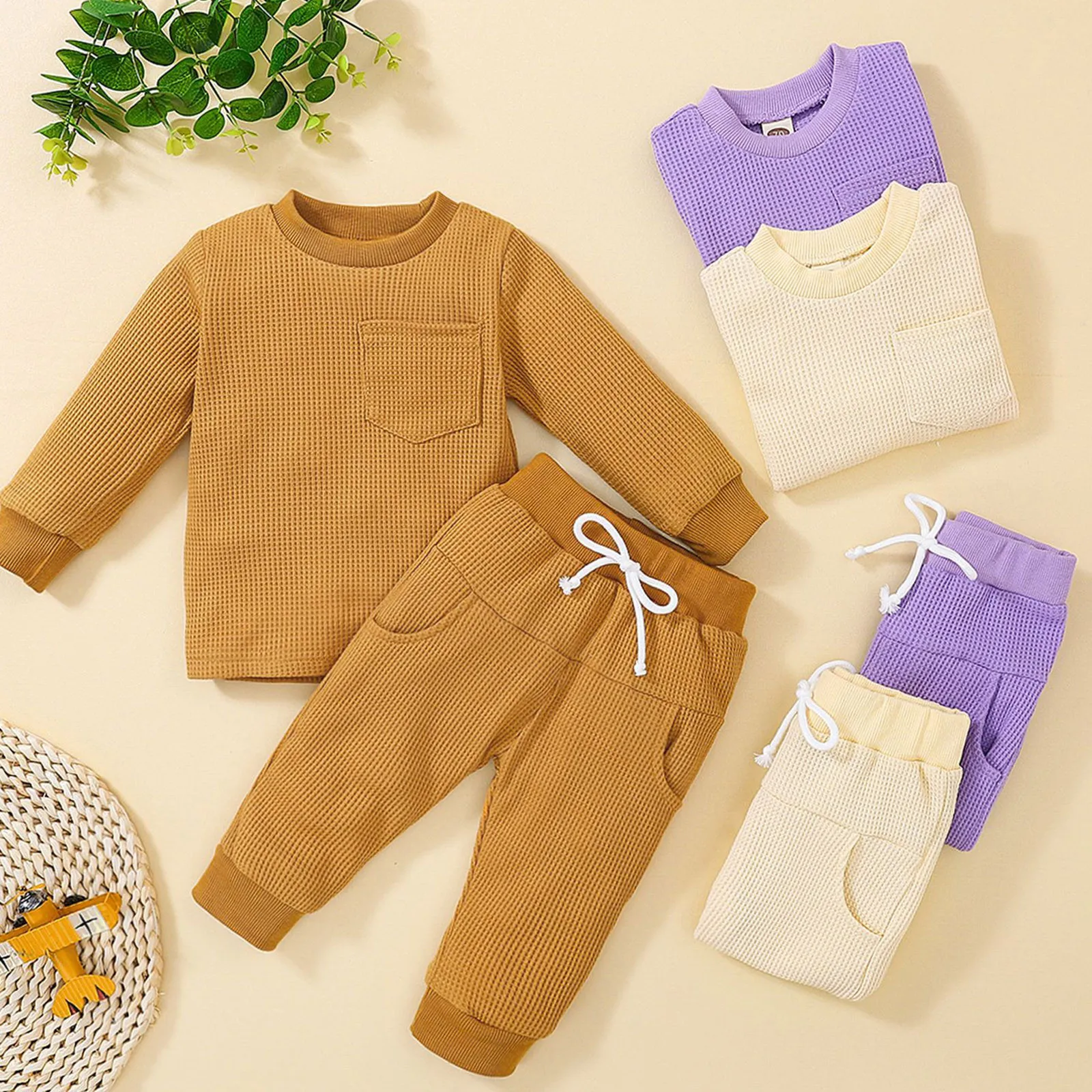 

0-24M Newborn Clothes Infant Baby Girls Boys Clothes Sets Winter Solid Color Long Sleeve Tops+Pants 2PCS Outfits Clothes Sets