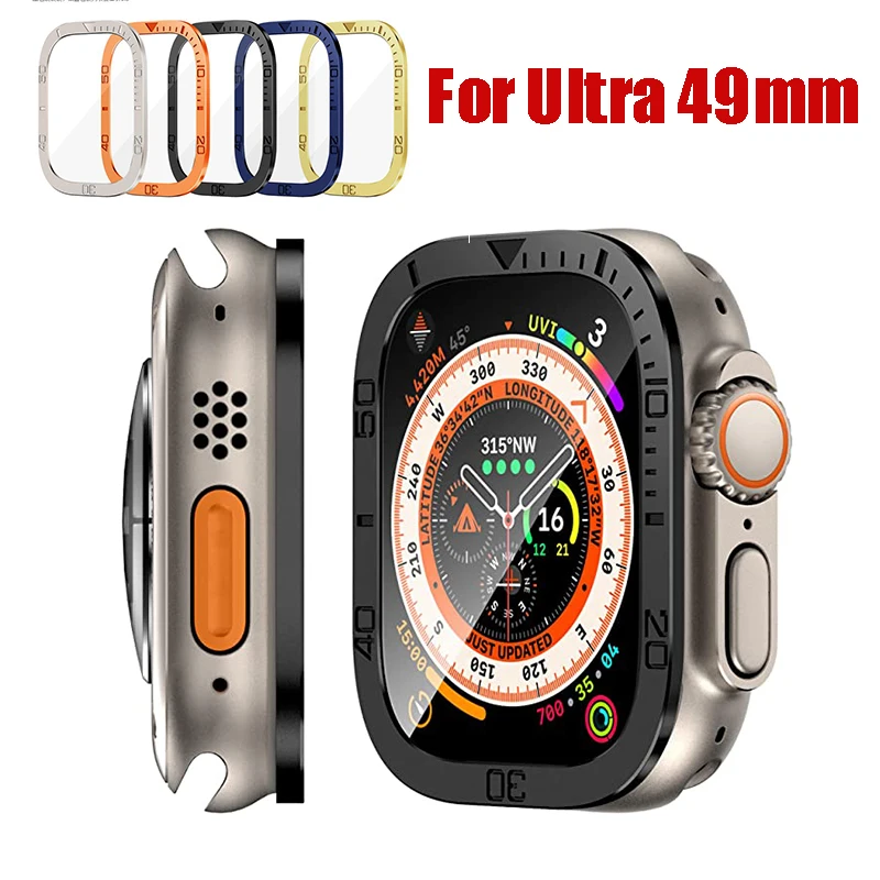 

Металлический бампер + закаленное стекло для Apple Watch Ultra 49 мм защита для экрана пленка против царапин рамка с кольцом для iWatch Ultra 49 мм