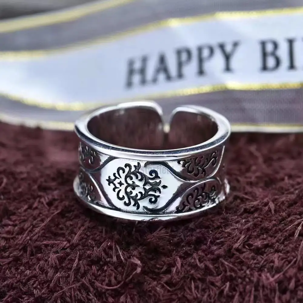

2023 Man's fashion silver ring open ring silver ring and National tide wind custom Tang grass pattern open ring for women