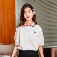 preppy style girls t shirt casual loose short sleeves puff sleeves turn down collar student tees sweet tops for teen clothing