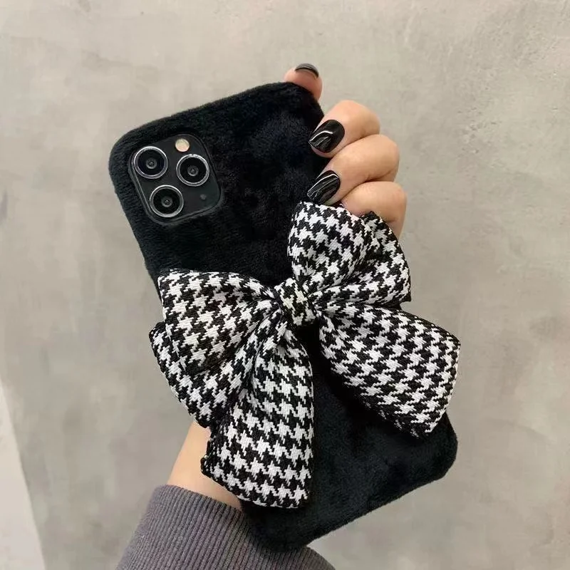 

Black 14ProMax Plush Houndstooth Bow Case For iPhone13pro 11 12 Pro Max Soft Case X Xr Xsmax SE2020 7 8 Plus Girls Phone case 13