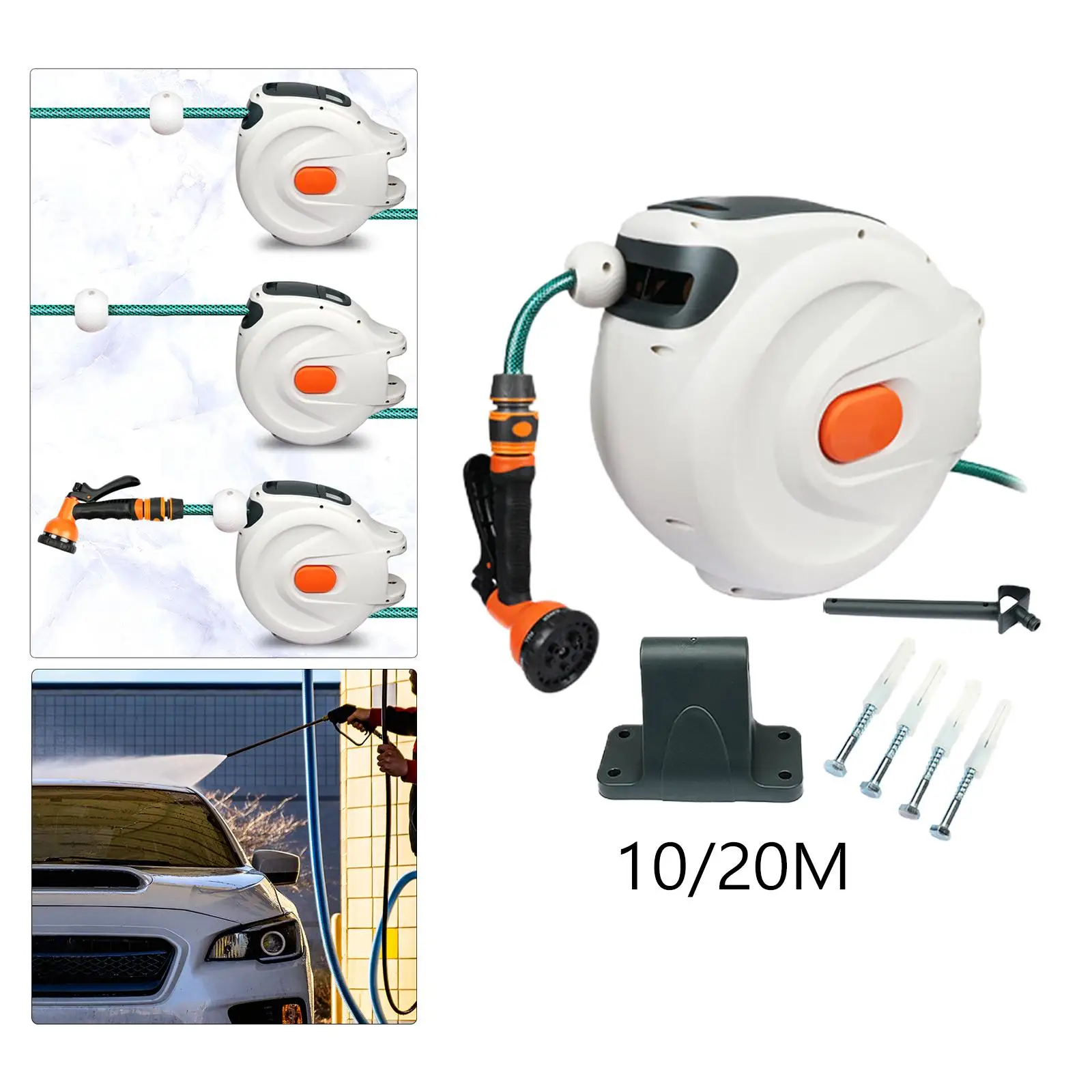 

Garden Hose Reel with 7 Function Sprayer Nozzle 180 Degrees Swivel Bracket Water Hose Reel Slow Return System for Car Washing