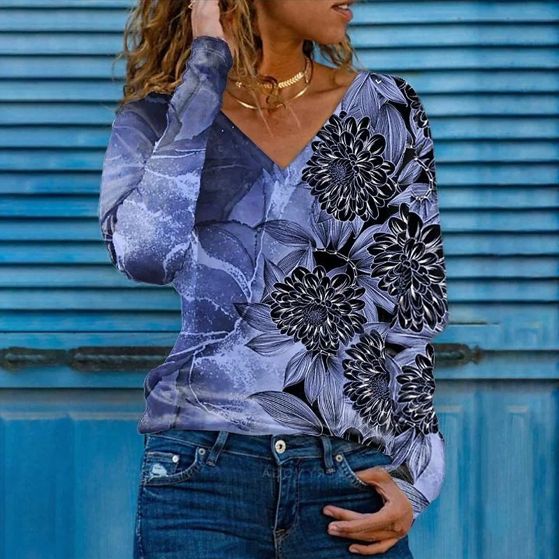 

Женский пуловер с V-образным вырезом, винтажная свободная футболка большого размера, новые зимние топы с цветочным принтом, винтажная пикан...