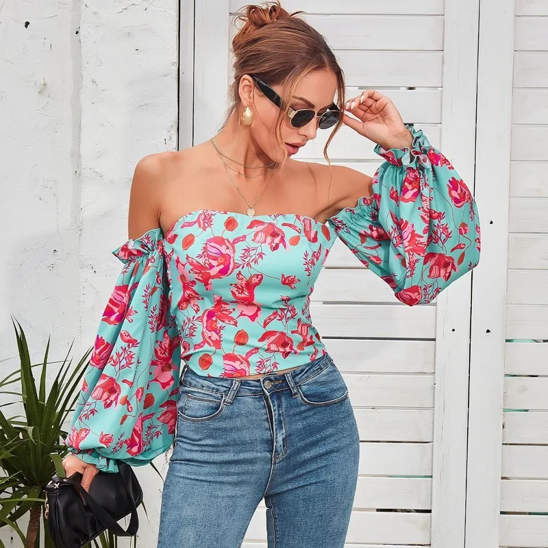 

2021 Autumn New Women's Sexy Print One-shoulder Long-sleeved Temperament Slim Puff Sleeve Fashion Temperament Blouse Women
