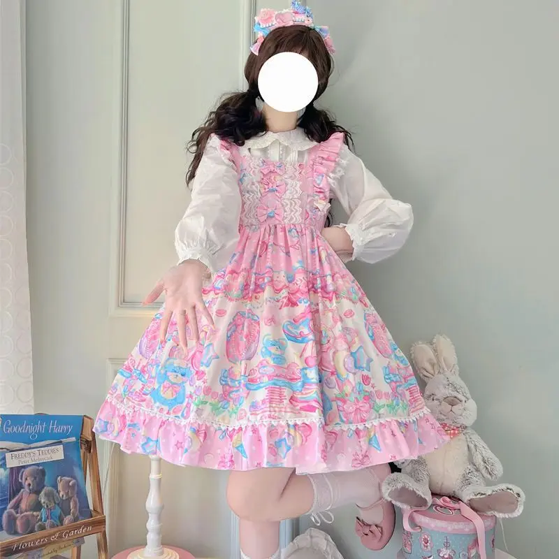 

Lolita Jsk Dress Women Dreamland Cartoon Bear Lace Bow Sleeveless Straps Dresses Girls Kawaii Princess Party Mini Vestidost