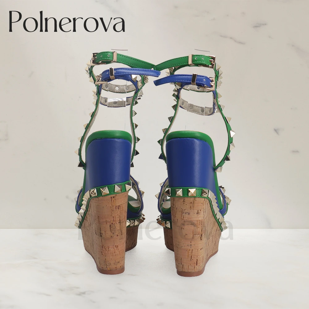 Wood Grain Wedge Rivet Sandals Blue Green Leather Buckle Summer Shoes Punk Fashion Style High Heels Platform Sandals for Women