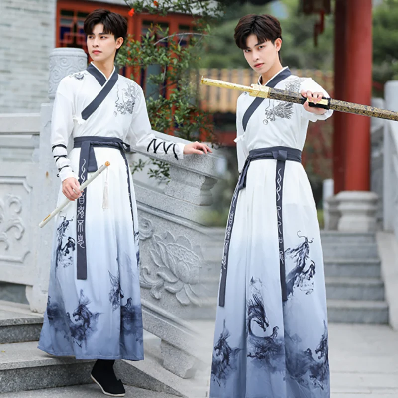 

Мужской костюм Hanfu размера плюс 5XL с китайской вышивкой Hanfu, мужской костюм для косплея, градиентный белый костюм Hanfu, комплект из 2 предметов ...