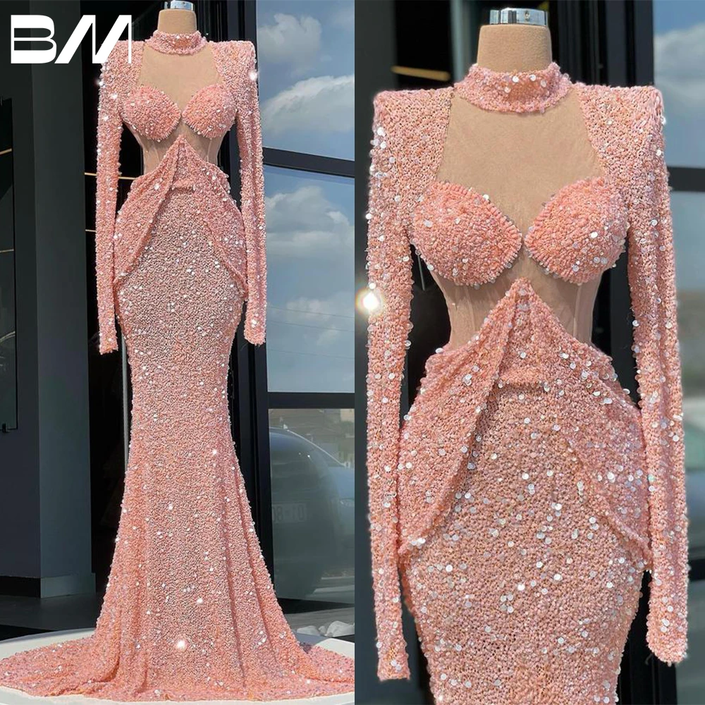 

Sequins Long Sleeves Party Dresses Custom Made Glitter High Floor Length Prom Gowns Princess Pink Mermaid Evening Dress