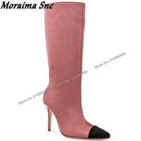 moraima snc mixed color side zipper suede boots for women knee high boots pointed toe stilettos high heels runway shoes on heels