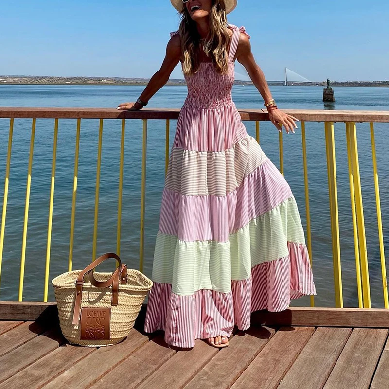 

Bohemian Maxi Dresses Summer Elegant Sleeveless Off Shoulder Sling Long Dress Fashion Striped Patchwork Loose Casual Women Dress