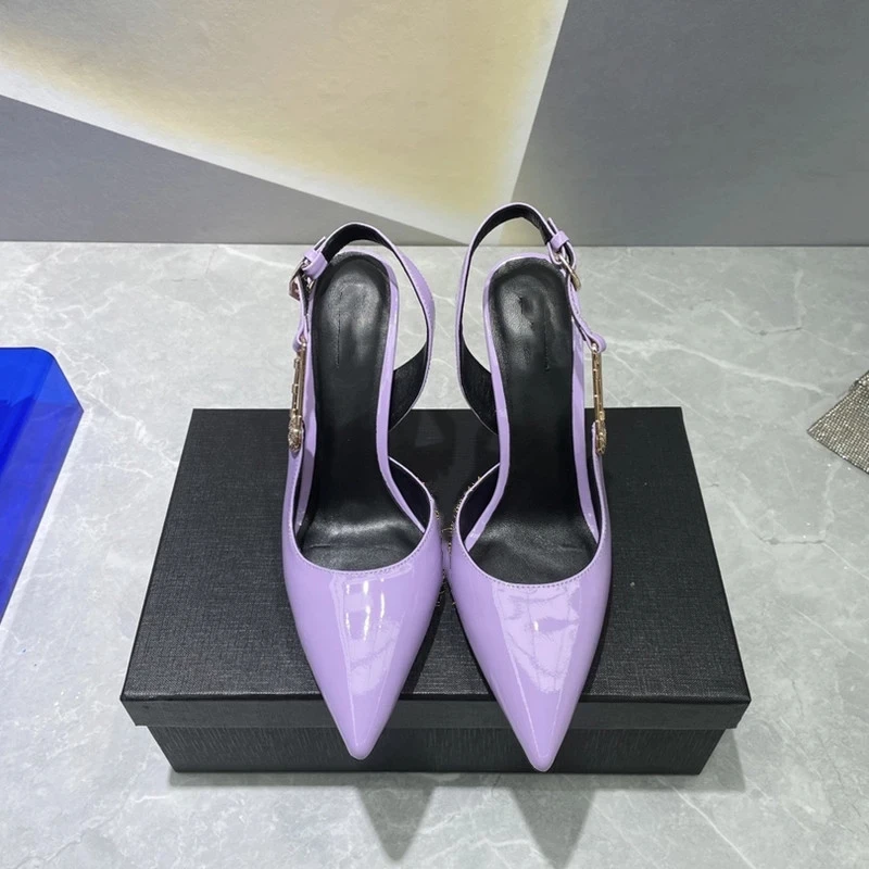 European and American Metal Button Pointed High Heels 2023 New Shallow Mouth Thin Heel Sexy One Line Sandals Women