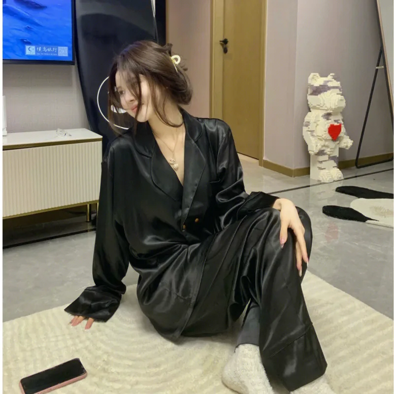 

Women Sleepwear 2023 New Autumn Pajamas Set Lapel Buttons Black Satin Women Pijamas Set Nightshirt Trousers Silk Pajamas Set