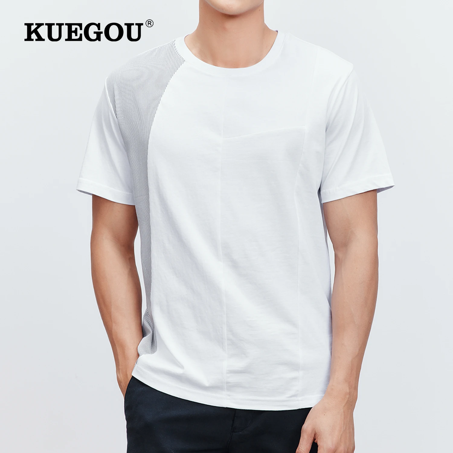 

KUEGOU 100% Cotton Clothing Men's T-shirt Short Sleeve Fashion Striped Patchwork Tshirt Summer High Quality Top Plus Size 90061