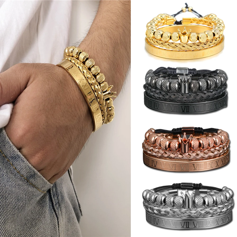 

3Pcs/Set Gold Black Color Stainless Steel Braided Bracelet Luxury Roman Numeral Dark Punk Heavy Metal Bracelet For Men Jewelry