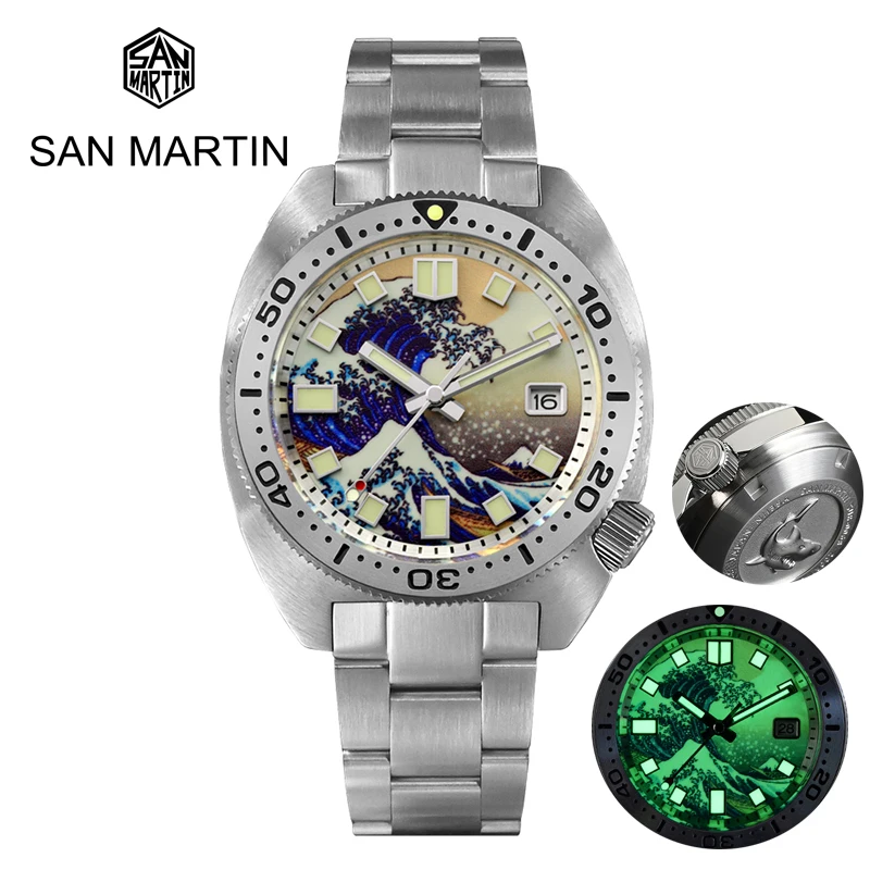 

San Martin Diver Men Watch 6105 Turtle NH35 MOP Wave Kanagawa Surfing Dial Luxury Automatic Mechanical Watches 20Bar C3 Luminous