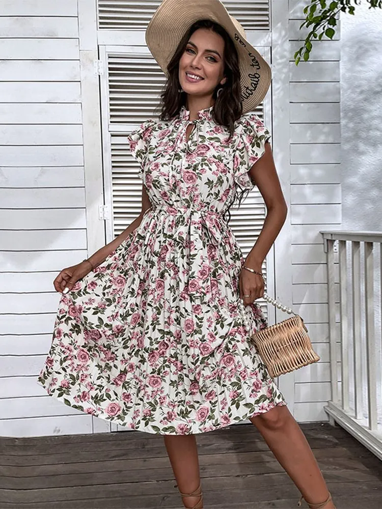 

Fashionable 2022 New Women's Summer Vintage Dress Printed Mediumn Long White Chic Floral A Line Dress