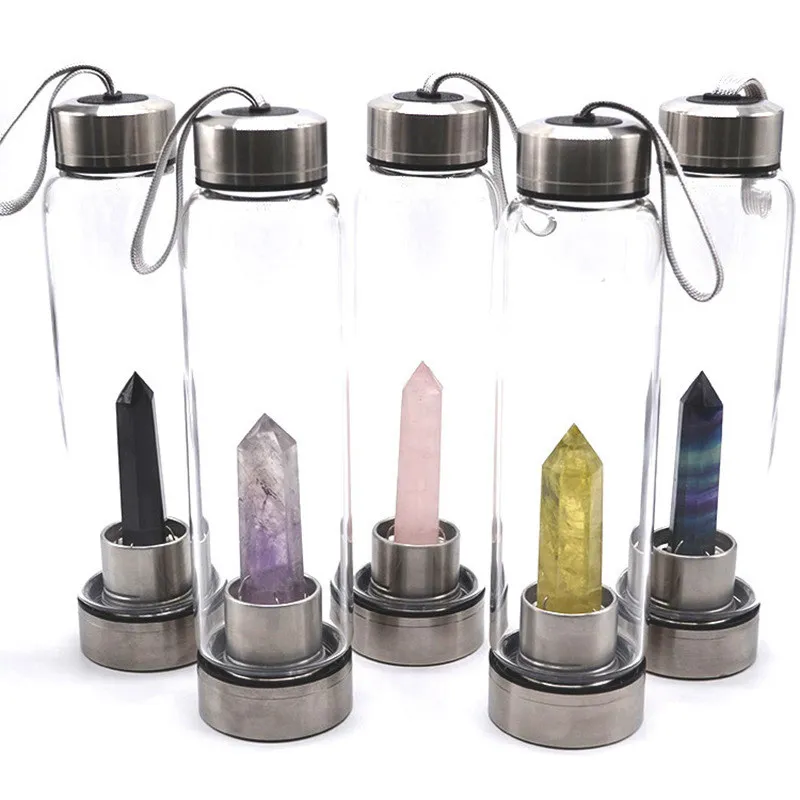 

Natural Elixir Quartz Drink Water Bottle Crystal Point Wand Genstone Obelisk Healing Energy Stone Glass Drinking Bottles Gift