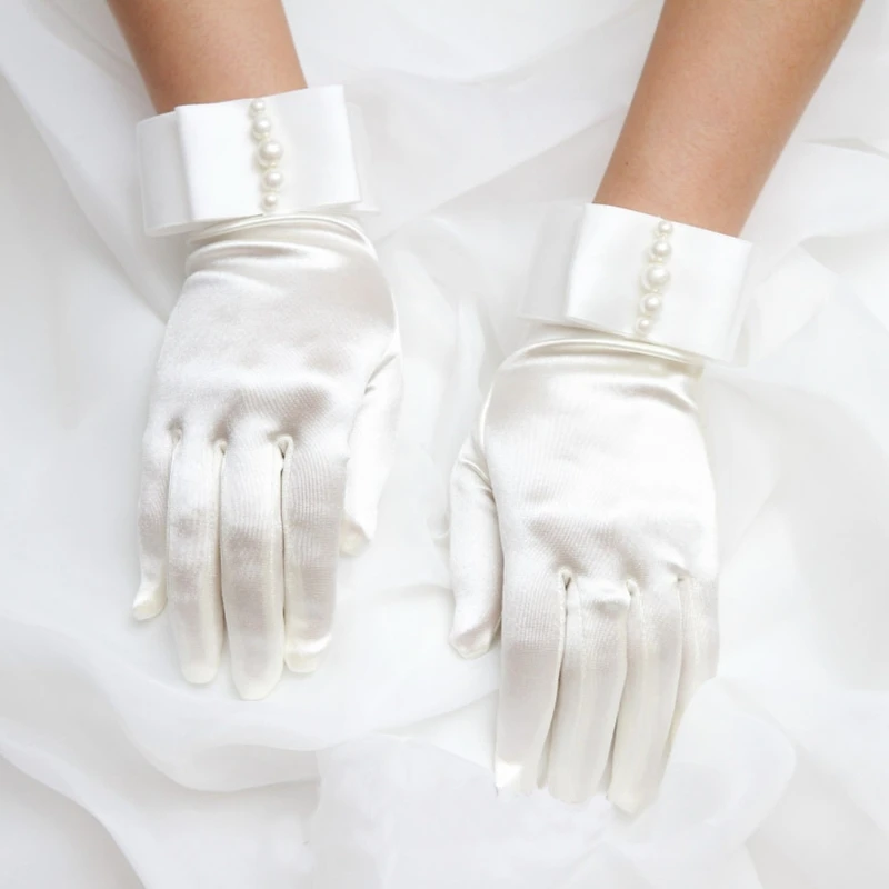 

Womens Short Full Fingers Faux Pearl Beaded Bridal Wedding Gloves With Bow Satin