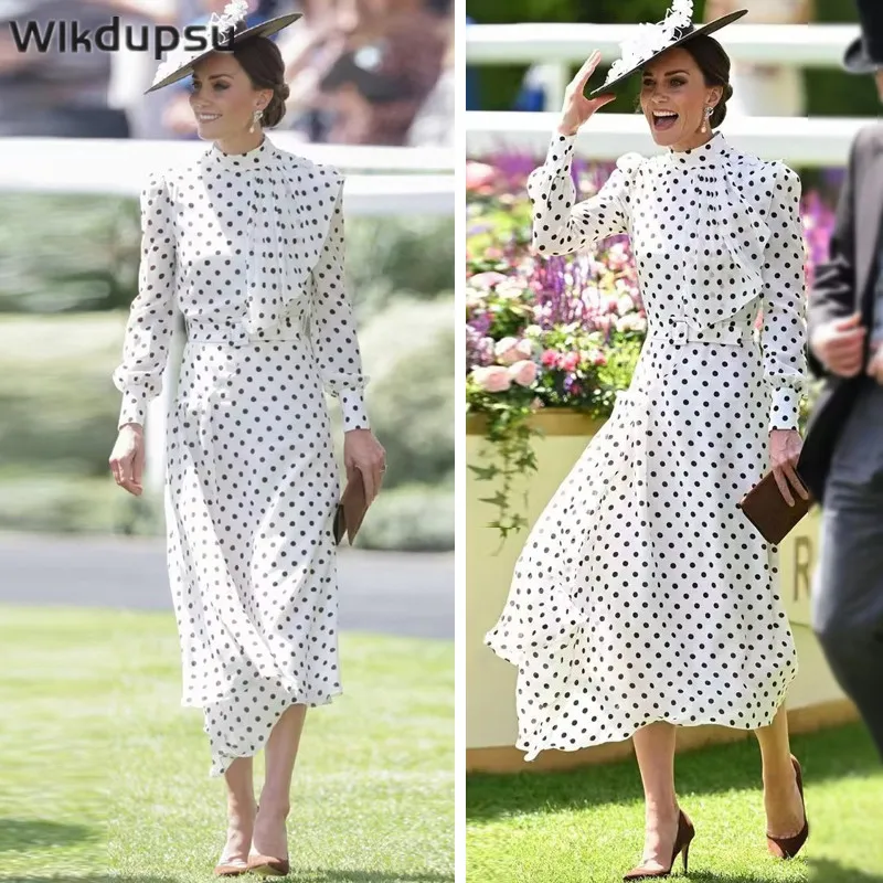 Elegant Kate Middleton Dress Polka Dot Print Long Dress Long Sleeve Spring Fall Office Lady Work Formal Casual Party Dresses