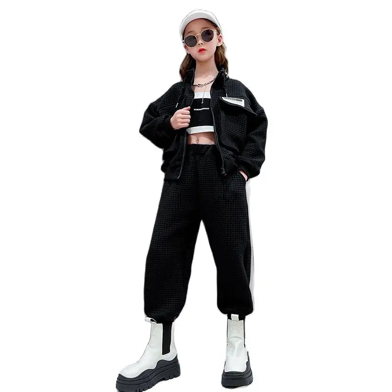 

Girls Spring Autumn Clothing Fashion Fall Clothes Black Jacket + Pants Overalls 2pcs Girls Clothing Sets Kids Clothes For Girls
