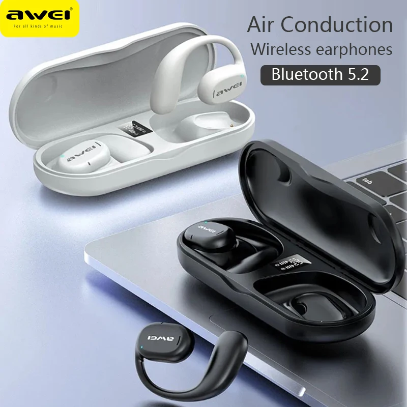 

Awei T69 Air Conduction Bluetooth 5.2 Earphones Wireless Headphones Earclip Design HiFi Stereo LED Earbuds Sports Headset