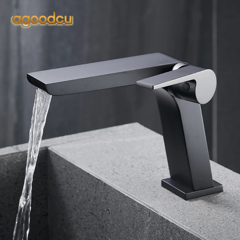 

Modern Black Grey Bathroom Waterfall Basin Faucet Deck Mounted Hot Cold Water Lavatory Sink Mixer Taps Brushed Luxury Crane