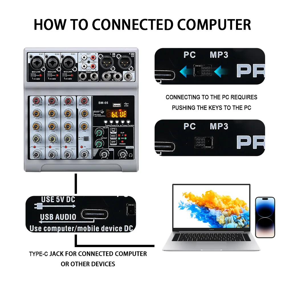 Для BM-05 Mini 5-канальный аудиомикшер DJ-контроллер Микшер De Audio Profecional Микшерная консоль с USB Bluetooth для студии (art.: 3920d11a0ed17) - 3920d11a0ed17
