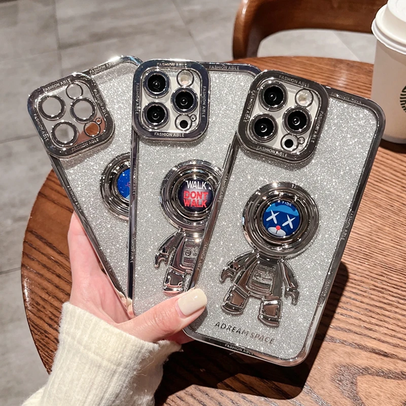 

Luxury Astronaut Phone Case For iphone 12 13 Pro Max XS X XR 7 8 Plus Electroplated Shockproof Ring Holder Cover funda iphone 11