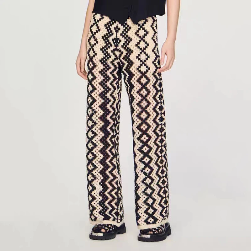 

Женские вязаные крючком штаны для отдыха с эластичным поясом и геометрическим рисунком, новинка на осень и зиму, темпераментные Трикотажные Широкие штаны y2k