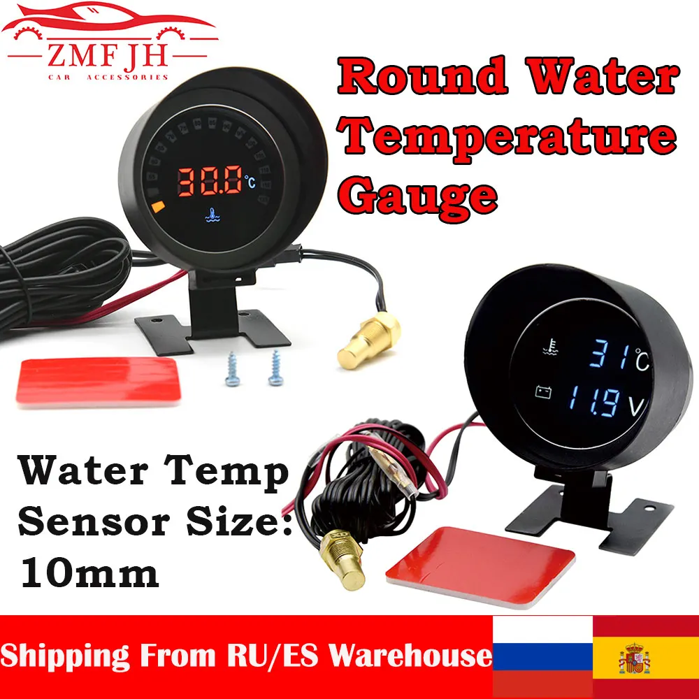 AD Round 2 IN 1 Car LCD Digital Voltmeter Water Temperature Gauge Meter with Sensor 10mm +Volt Voltage Gauge Voltmeter 12V 24V