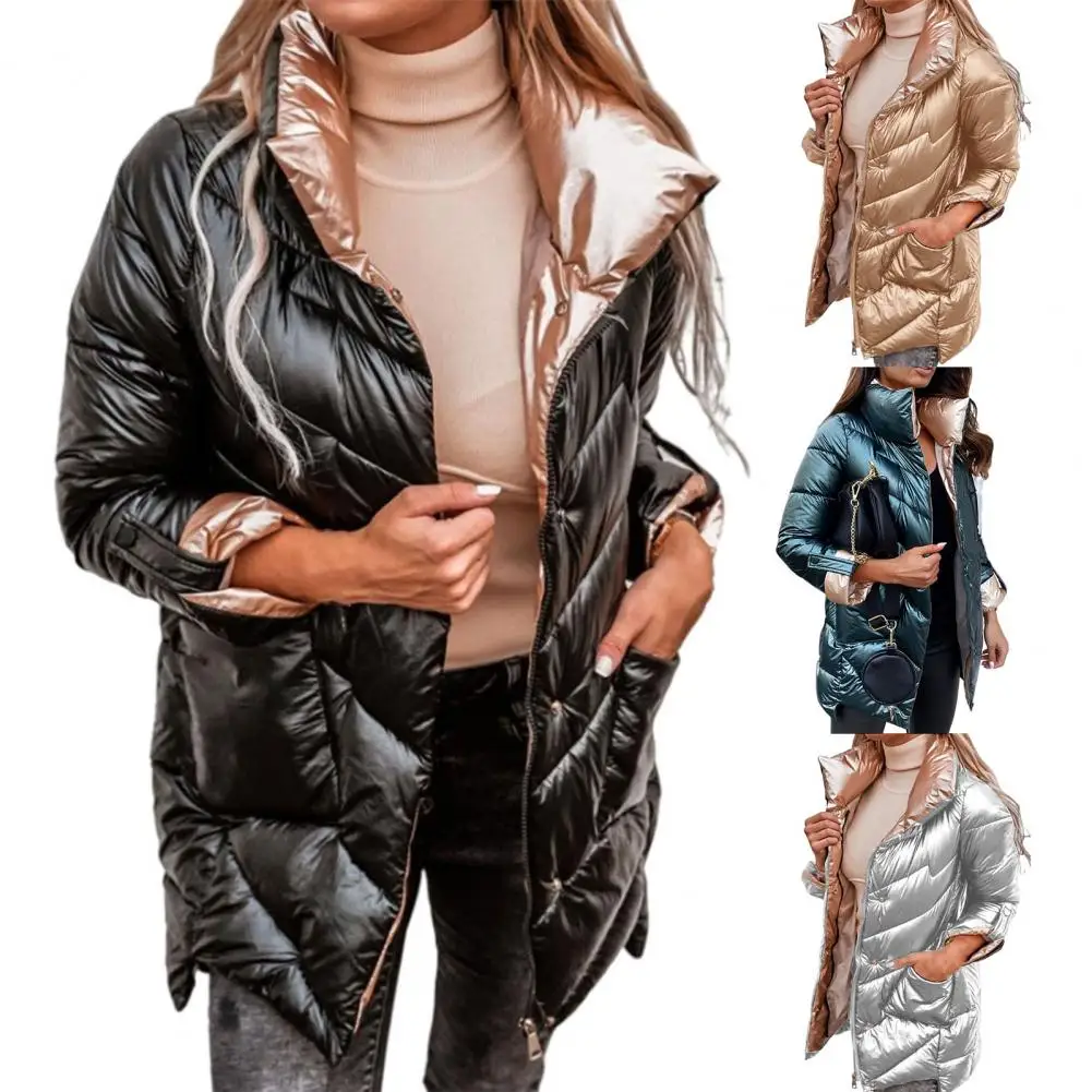 Thick Jacket Solid Color Outwear Zipper Stand Collar Retractable Sleeves Jacket   Quilted Coat  for Outdoor
