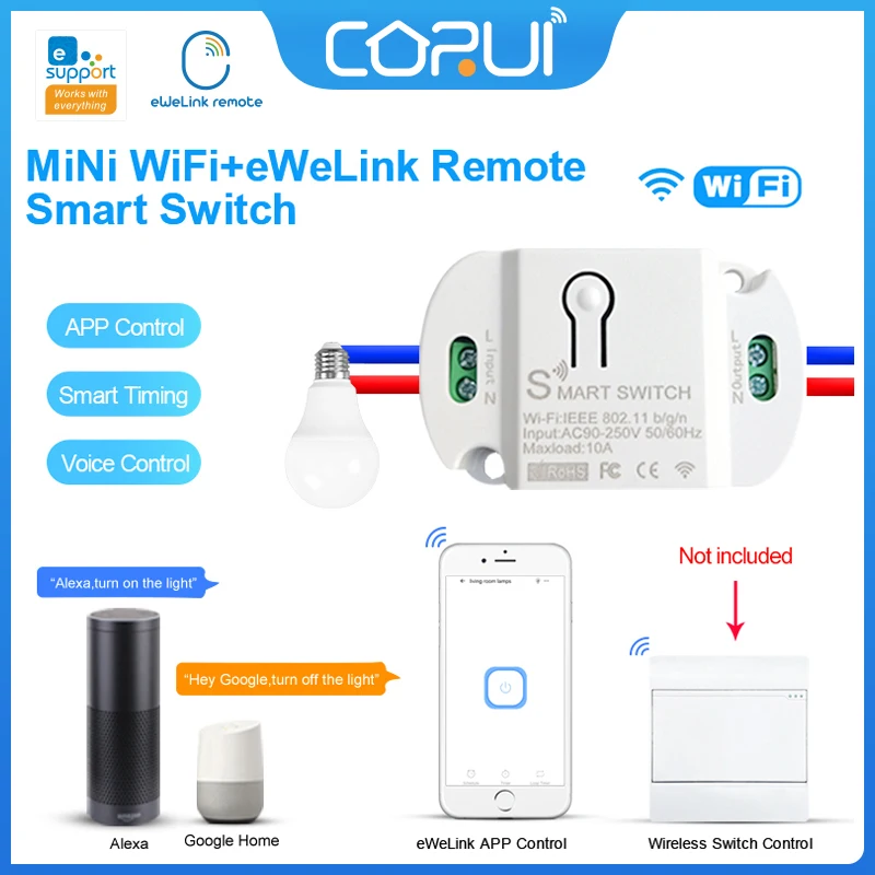 

Умный коммутационный модуль CoRui eWeLink 10A, Wi-Fi + Bluetooth + 2,4 ГГц, пульт дистанционного управления, функция таймера, Поддержка приложения, голосовое ...
